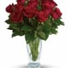 dozen long stem red roses in vase