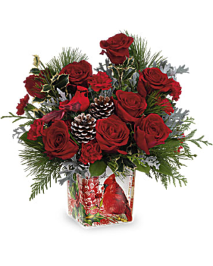Red roses, carnations, and cedar arranged with silver lace dusty miller, white pine, lemon leaf and holly in a cardinal cheer cube