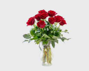 63 Vased Dozen Red LS Roses